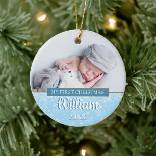 Erste Weihnachts-Schneeflocken Baby-Fotos Junge Keramik Ornament