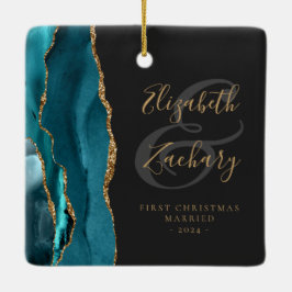 Erste Weihnachts Verheiratete Aquamarine Agate Gol Keramikornament