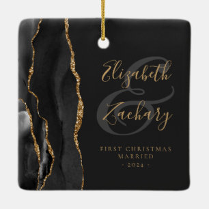 Erste Weihnachts-Verheiratete Black Agate Gold-Scr Keramikornament