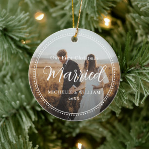Erste Weihnachts-Verheiratete Script-Overlay-Foto Keramik Ornament