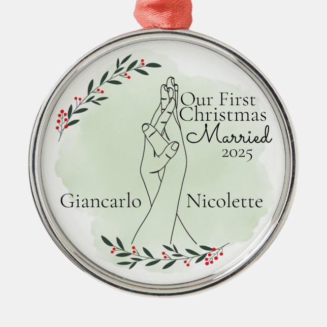 Erste Weihnachts-Verheiratete Verriegelungshandbüg Ornament Aus Metall (Vorne)