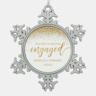 Erste Weihnachts-Verlobt-Gold-Glitzer-Skript Schneeflocken Zinn-Ornament