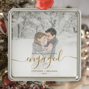 Erste Weihnachts Verlobte Custom Foto Gold Script Ornament Aus Metall