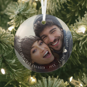 Erste Weihnachts-Verlobte Script-Foto-Keramik Ornament Aus Glas