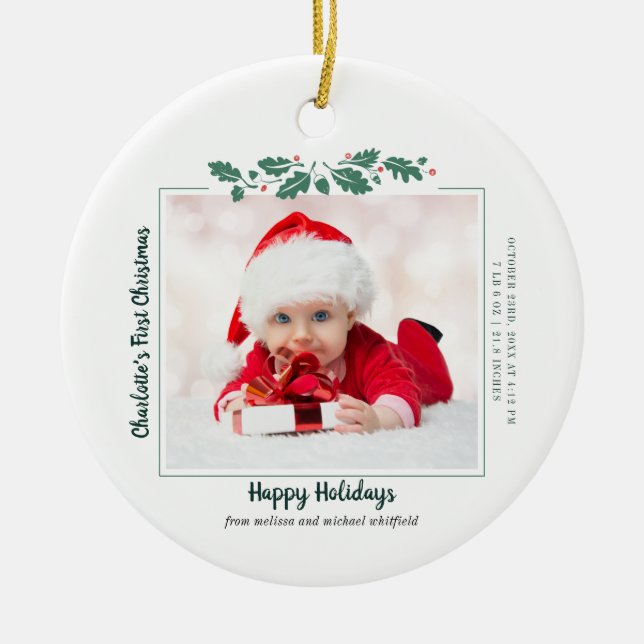 Erste Weihnachtsbaby-Collage Holiday Familie Keramik Ornament (Vorne)