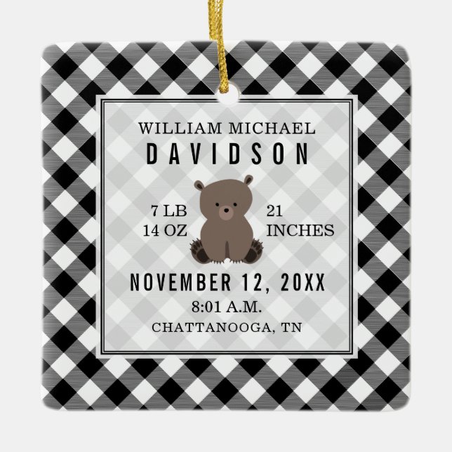 Erste Weihnachtsbabys Details Karierter Bär Keramikornament (Vorderseite)