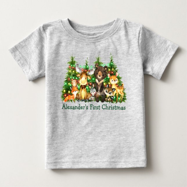 Erste Weihnachtsbeleuchtung Forest Animals Grau Baby T-shirt (Vorderseite)