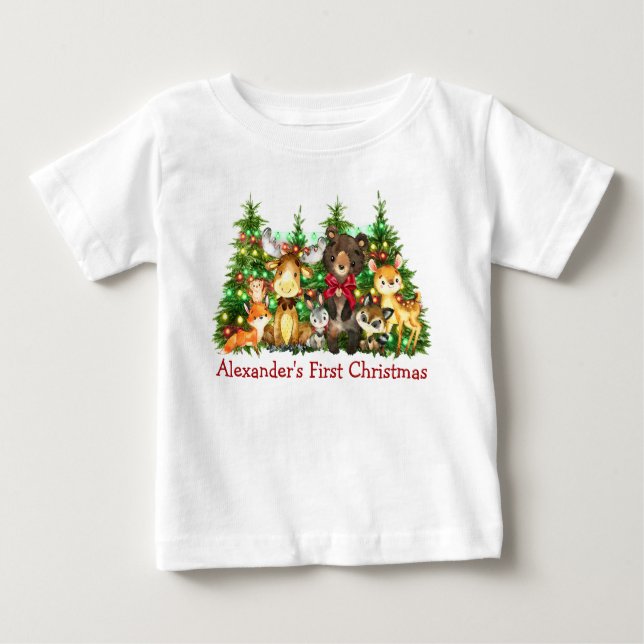Erste Weihnachtsbeleuchtung Waldtiere Bow Baby T-shirt (Vorderseite)