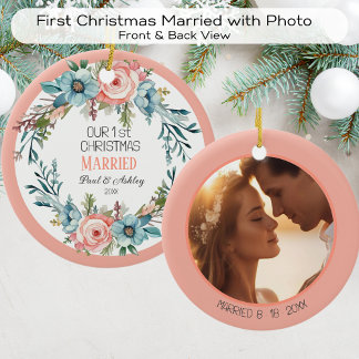 Erste Weihnachtsblumen Verheiratetes Foto und Datu Keramik Ornament
