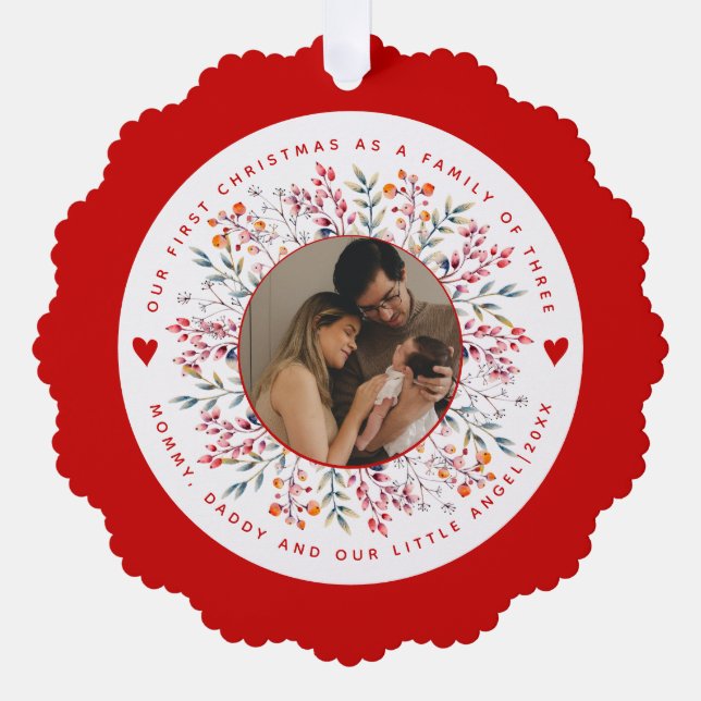 Erste Weihnachtsfamilie von drei Beerengrenzen-Fot Ornament Karte (Vorderseite)