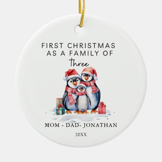 Erste Weihnachtsfamilie von drei Pinguinen Keramik Ornament (Vorne)