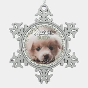 Erste Weihnachtsfamilie von drei Welpen-Fotos Schneeflocken Zinn-Ornament
