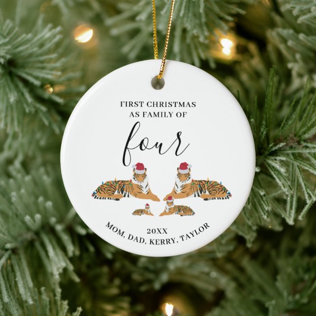 Erste Weihnachtsfamilie von vier Niedlichen Tigern Keramik Ornament (Baum)