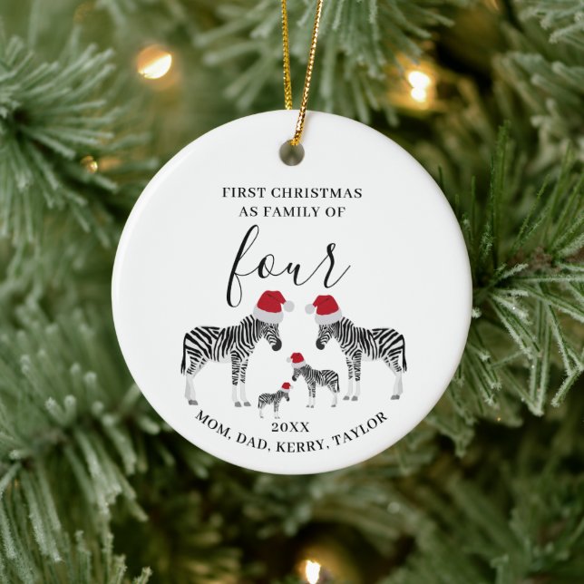 Erste Weihnachtsfamilie von vier Niedlichen Zebra Keramik Ornament (Baum)