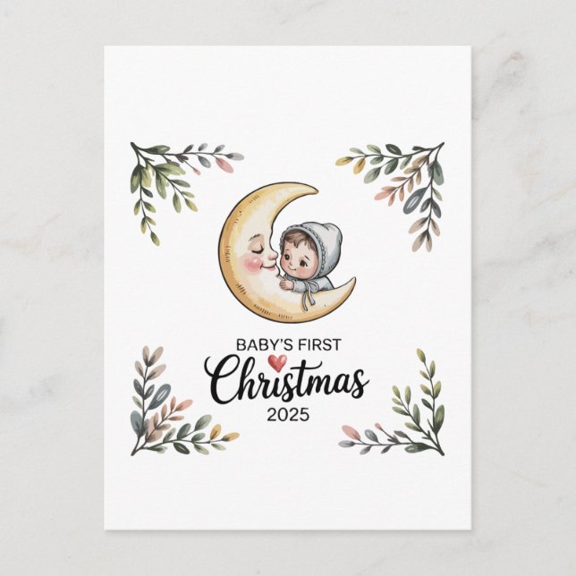 Erste Weihnachtsfeier 2025 Vintag Mond & Baby Postkarte (Vorderseite)