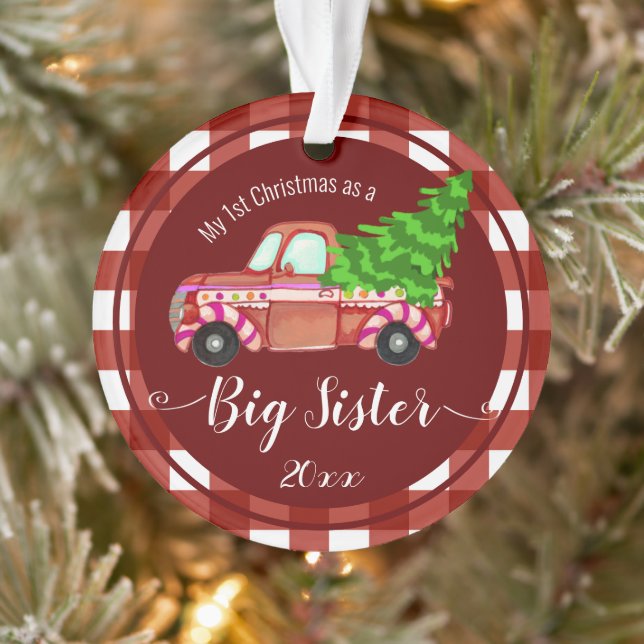 Erste Weihnachtsfeier als Big Sister Red Truck Fot Ornament (Baum)