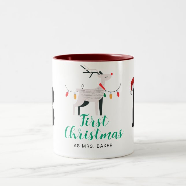 Erste Weihnachtsfeier als Mit Monogramm Familienna Zweifarbige Tasse (Mittel)