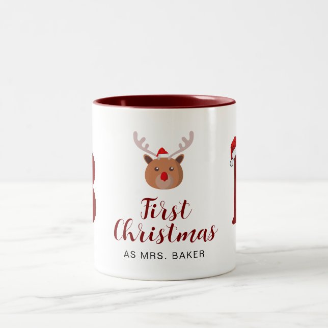 Erste Weihnachtsfeier als Mit Monogramm Familienna Zweifarbige Tasse (Mittel)