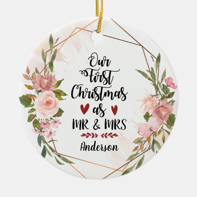 Erste Weihnachtsfeier als Mr. & Mrs. Blush Rose Ho Keramik Ornament (Vorne)