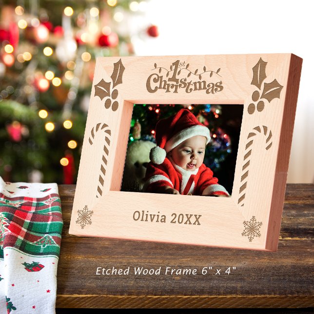 Erste Weihnachtsfeier, Candy Canes, Name 6x4 zeige Geätzte Rahmen (First Christmas Holly, Candy Canes, Show Name 6x4 Etched Frame)