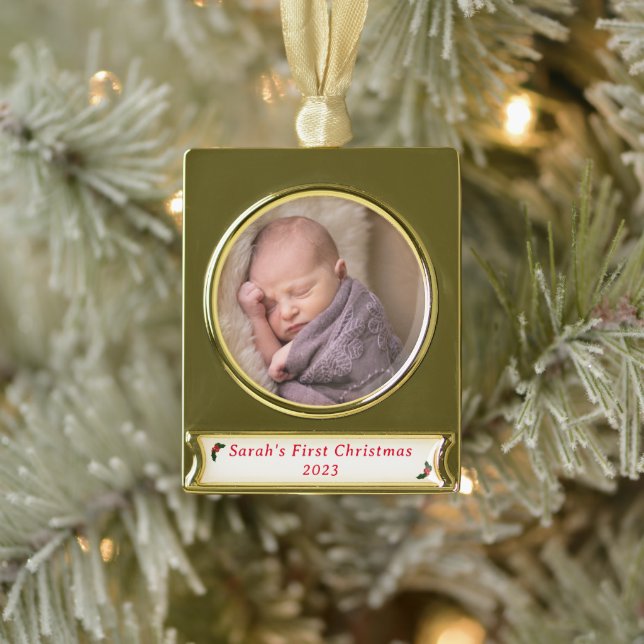 Erste Weihnachtsfeier Foto Banner-Ornament Gold (Baum)