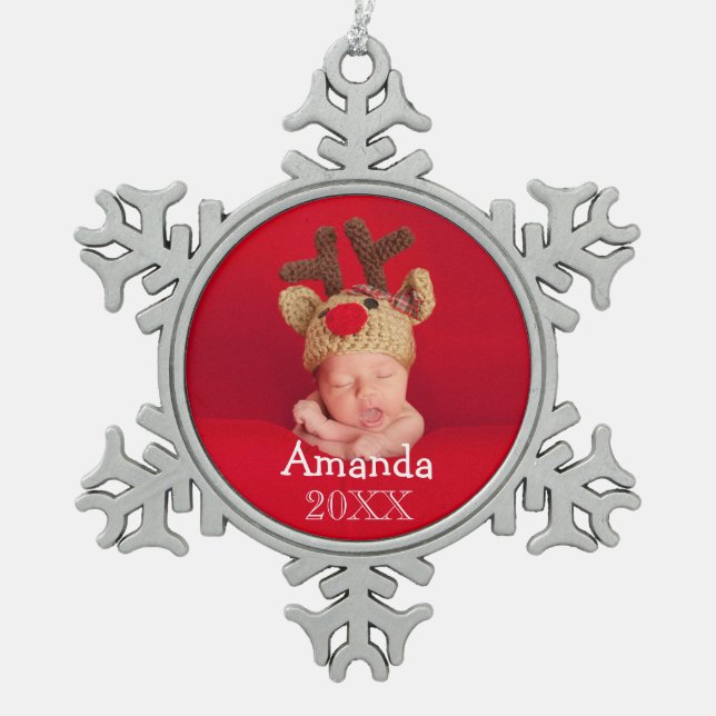 Erste Weihnachtsfeier Foto Snowflake Feriendekorat Schneeflocken Zinn-Ornament (Vorderseite)