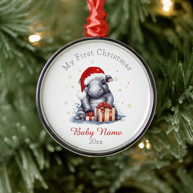 Erste Weihnachtsfeier Hippopotamus Individuelle Na Ornament Aus Metall (Von Creator hochgeladen)