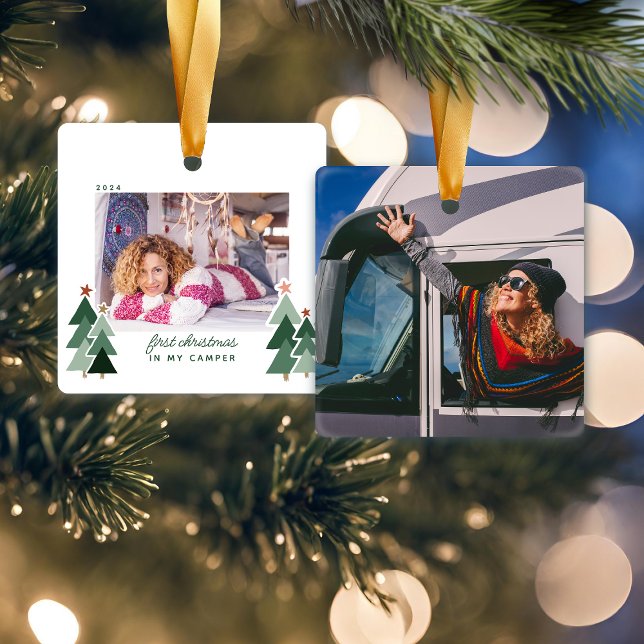 Erste Weihnachtsfeier im Camper RV Rustikales Foto Keramikornament (First Christmas In Camper RV Rustic Trees Photo Ceramic Ornament)