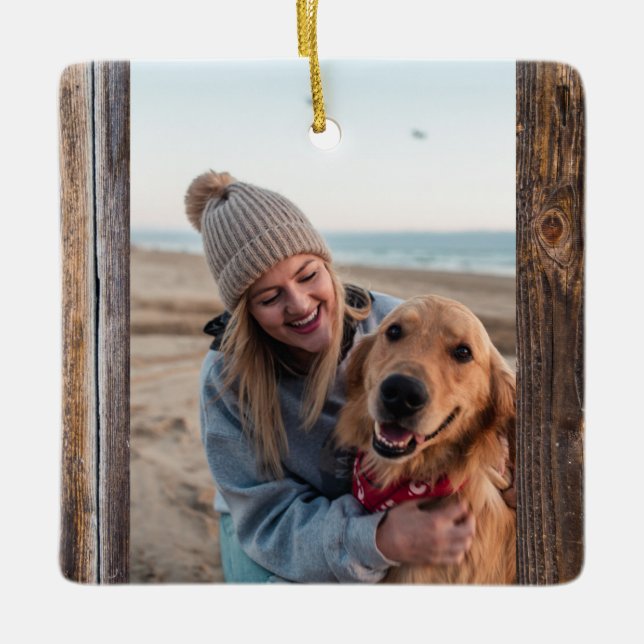 Erste Weihnachtsfeier mit Hund Foto Rustikales Bra Keramikornament (Vorderseite)