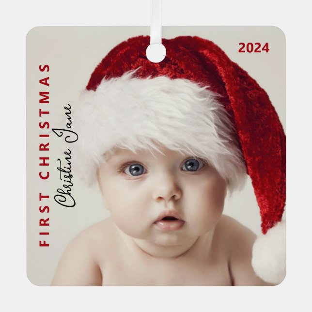 Erste Weihnachtsfeier | Modernes trendy Baby Foto  Ornament Aus Metall (Vorderseite)