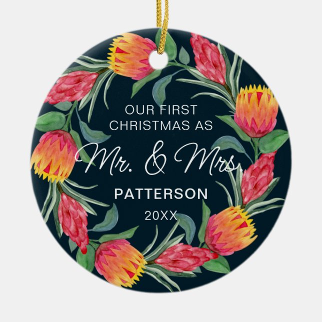 Erste Weihnachtsfeier Mr. & Mrs. Tropical Floral F Keramik Ornament (Vorne)