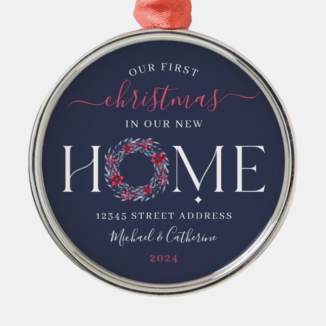 Erste Weihnachtsfeier New Zuhause Elegant Navy Wre Ornament Aus Metall (Vorne)