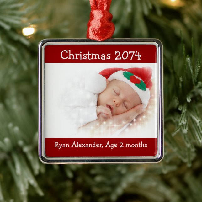 Erste Weihnachtsfeier Rot und Weiß Foto Ornament (Baum)