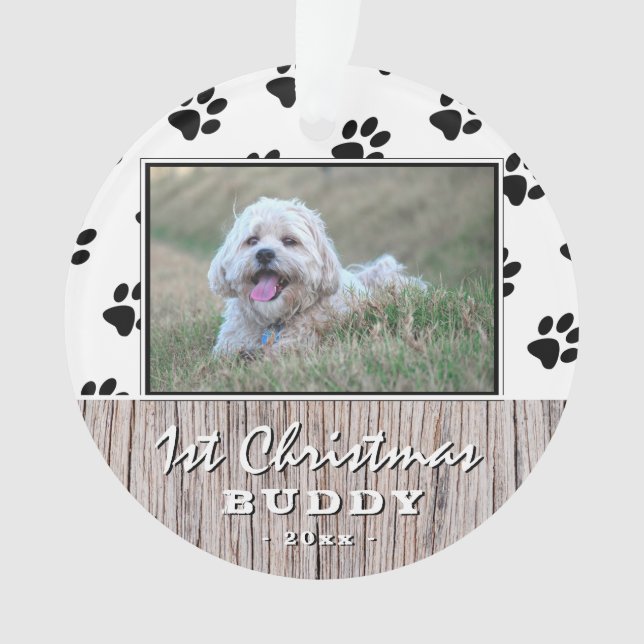 Erste Weihnachtsfeier Rustikale Welpe 2 Foto Muste Ornament (Vorderseite)