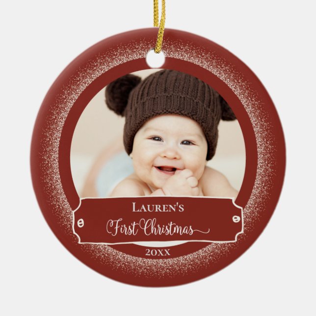 Erste Weihnachtsfeier Rustikales Red Niedlich Baby Keramik Ornament (Vorne)
