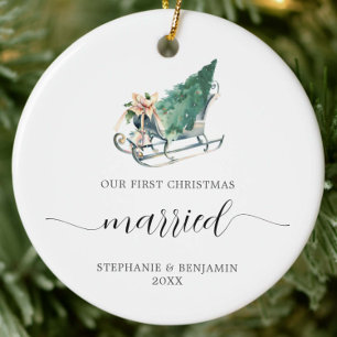 Erste Weihnachtsfeier Verheiratet Hochzeit Schlitt Keramik Ornament