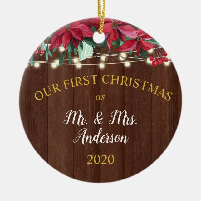 Erste Weihnachtsfeier Verheiratet Rustikale Poinse Keramik Ornament (Vorne)