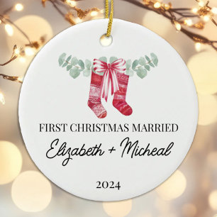 Erste Weihnachtsfeier Verheirateter Strumpf Keramik Ornament