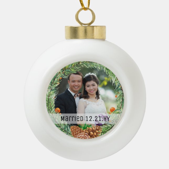 Erste Weihnachtsfeier VERHEIRATETES FOTO Bauble Tr Keramik Kugel-Ornament (Vorderseite)