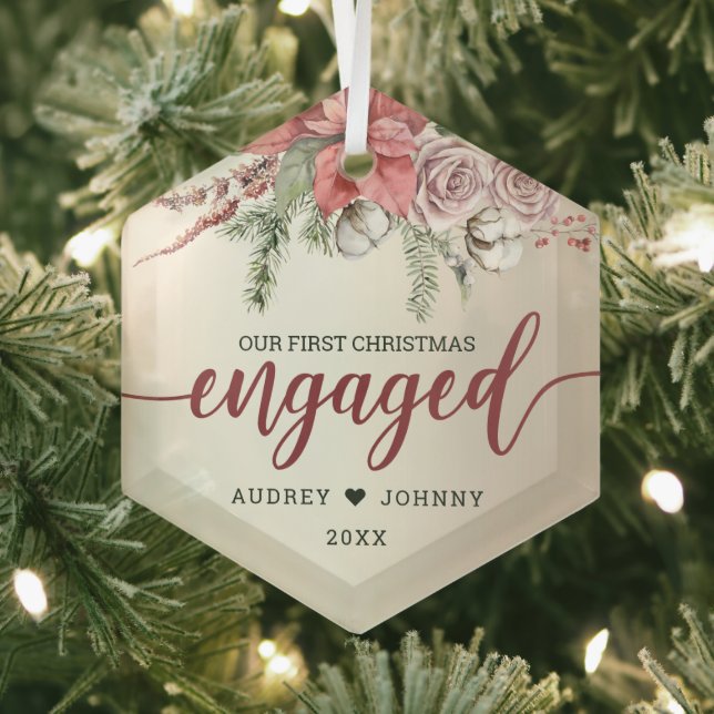 Erste Weihnachtsfeier Verlobt Red Poinsettia Rose  Ornament Aus Glas (Insitu)