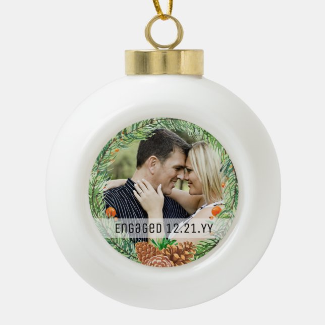 Erste Weihnachtsfeier VERLOBTES FOTO Bauble Tree D Keramik Kugel-Ornament (Vorderseite)