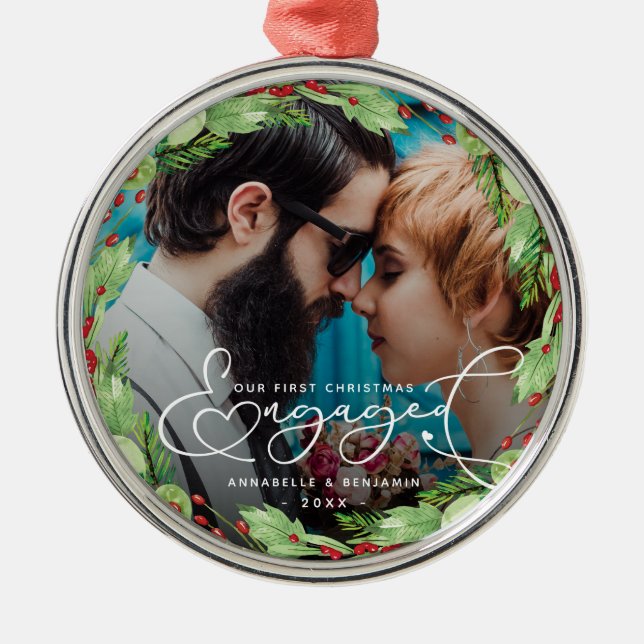 Erste Weihnachtsfeier Verlobtes Foto Metal Orname Ornament Aus Metall (Vorne)