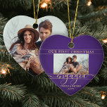 Erste Weihnachtsfeier Verlobtes Lila & Gold Foto H Keramik Ornament<br><div class="desc">Feiern Sie den fröhlichen 1. Urlaub Ihrer Verlobung mit einem maßgeschneiderten Foto herzförmigen "Unser erstes Weihnachtsfest Verlobt" Keramik Ornament. Alle Formulierungen auf dieser Vorlage sind einfach zu personalisieren. Passen Sie die Schriftart an, um "Gemeinsam", "Verheiratet" oder anderen Text zu lesen. (IMAGE PLACEMENT TIP: Eine einfache Möglichkeit, ein Foto genau so...</div>