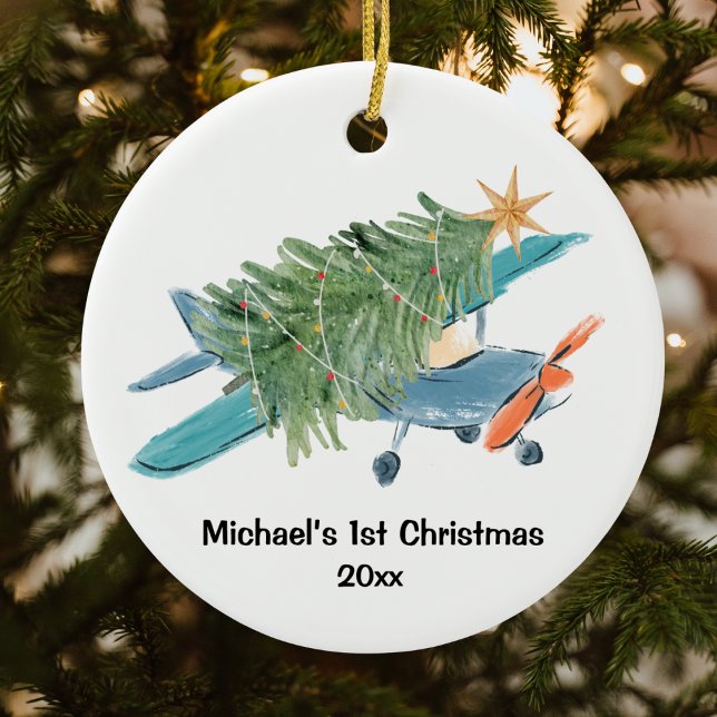 Erste Weihnachtsflugzeugreise Personalisiert Keramik Ornament (Von Creator hochgeladen)
