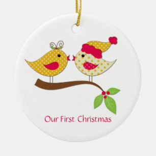 Erste Weihnachtsgelbe Polka Dot Love Birds Keramikornament