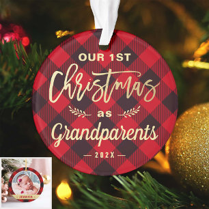 Erste Weihnachtsgroßeltern Gold Rotes Kariertes Fo Ornament