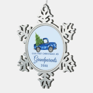 Erste Weihnachtsgroßeltern Vintag Blue Truck Schneeflocken Zinn-Ornament