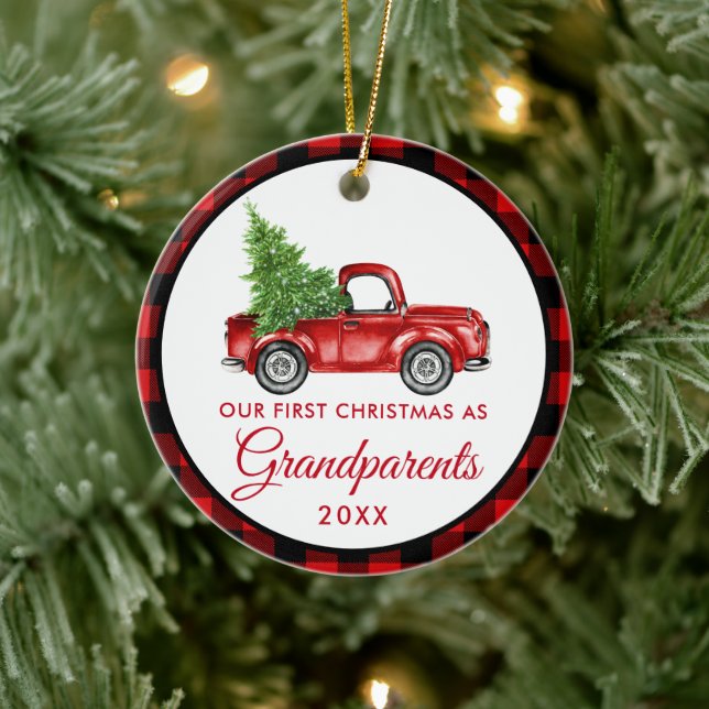 Erste Weihnachtsgroßeltern Vintag Truck Kariert Keramik Ornament (Baum)