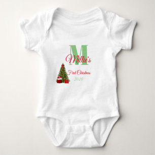 Erste Weihnachtsgrün Rot Editable Monogramm Baby Strampler