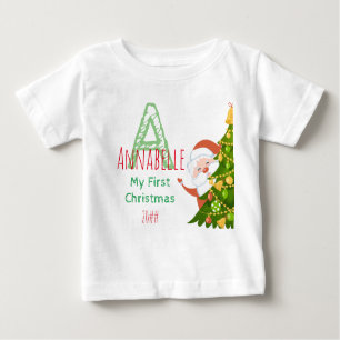 Erste Weihnachtsgrün Rot Editable Monogramm Baby T-shirt